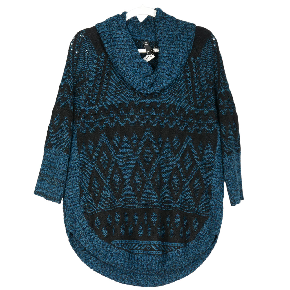 Grw Blue Black Mixed Knit Sweater Womens Medium Tunic Cowl Neck Curved Hem Soft